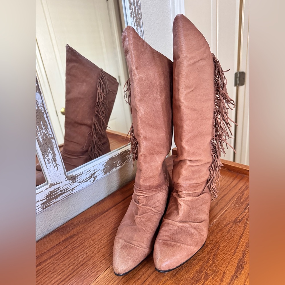 Vintage Fringe Mid-Calf Women's Boots - Tan